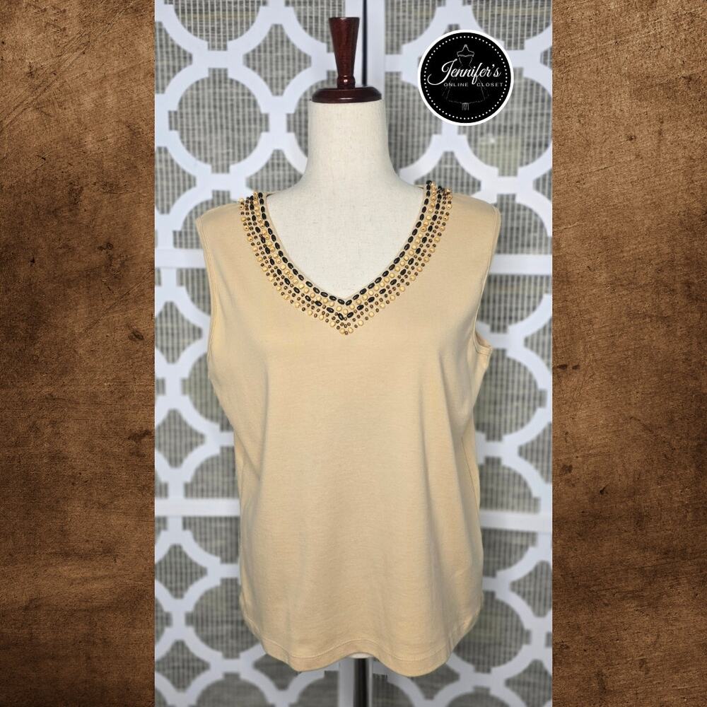 Hasting & Smith Tan Wood Beaded V Neck Sleeveless Top Size Large
